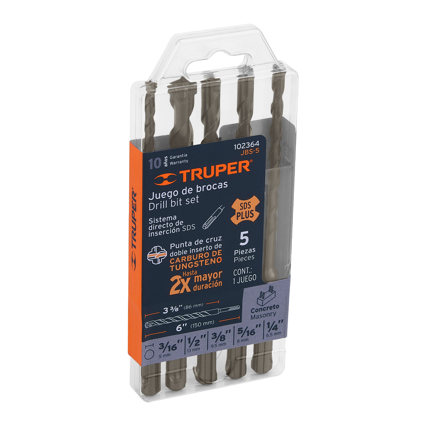 JUEGO DE 5 BROAS PARA CONCRETO SDS PLUS,TRUPER 102364